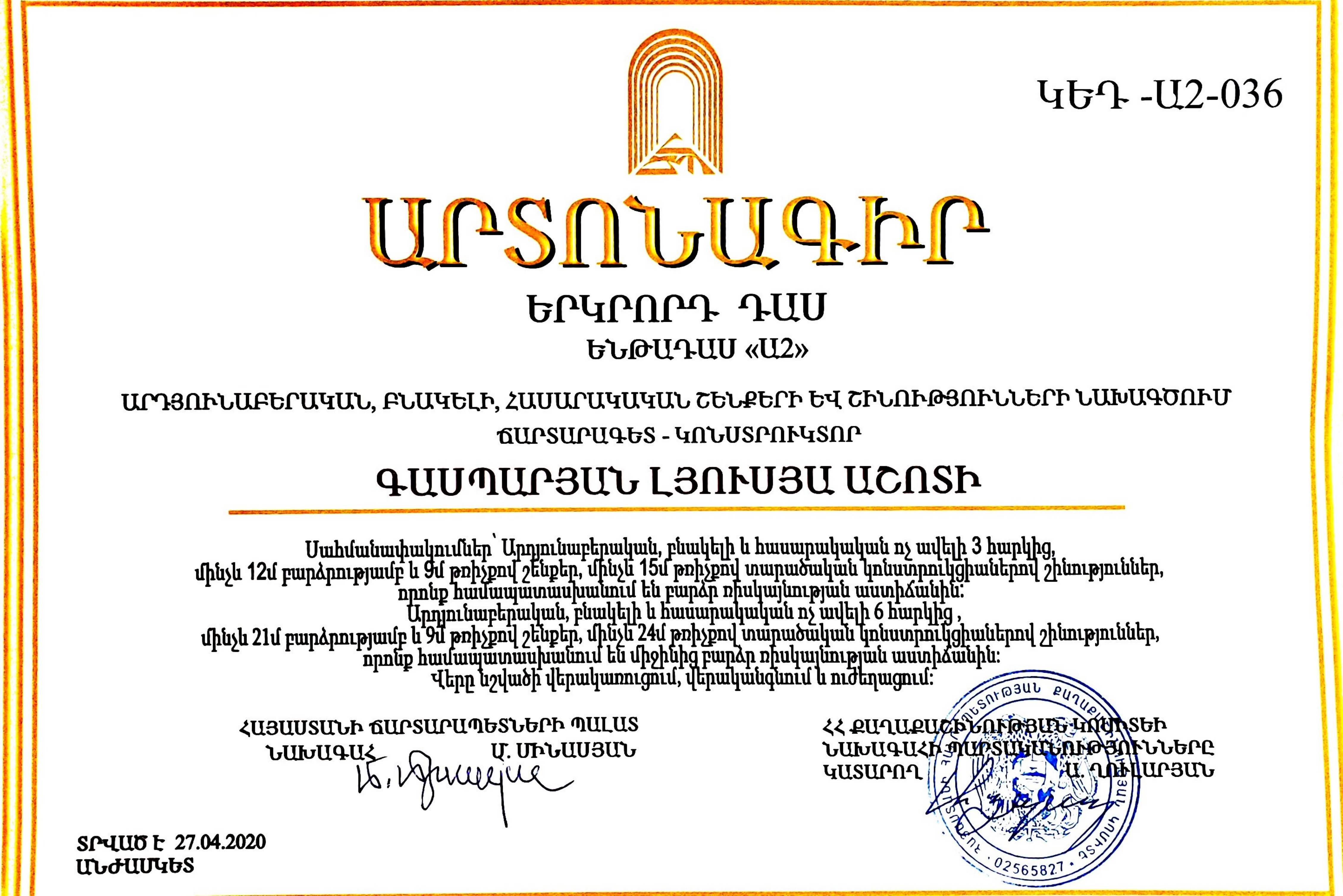 Լյուսյա Գասպարյանի արտոնագիր